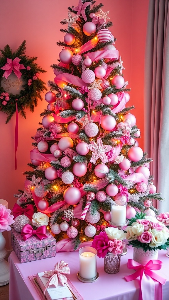 A pink-themed Christmas tree and table setting, showcasing pink ornaments, candles, and floral decor.